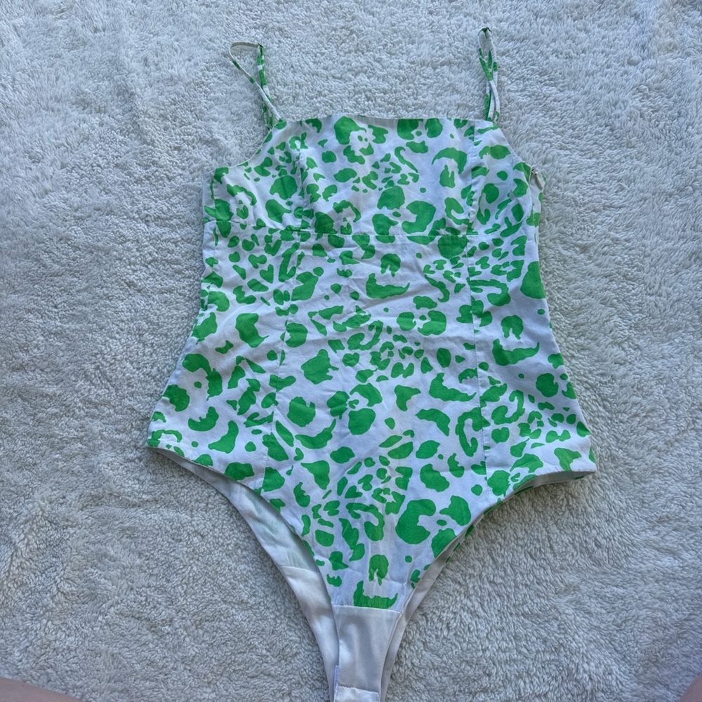 Zara White One-Piece with Green Leopard Print
